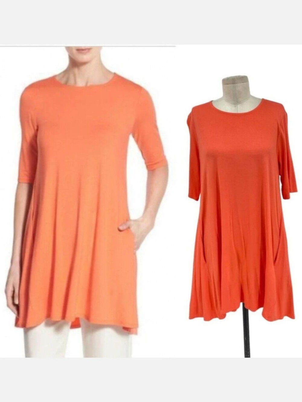 Eileen Fisher Orange Half Sleeve Flowy Tunic Top With Pockets Quiet Luxury